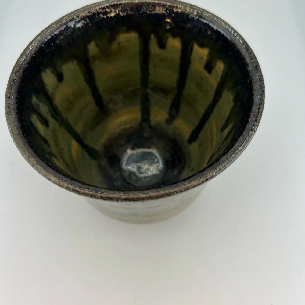 Handmade Studio Pottery Planter Vase  Cup Green Drip Glaze Tumbler Artist Signed